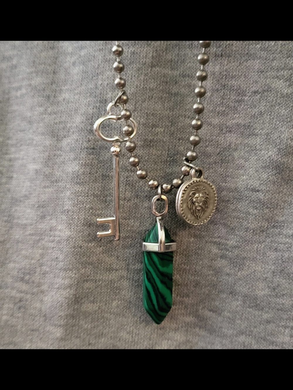 Silver Plated Skeleton Key, Lion & Green Malachite Pendant Necklace